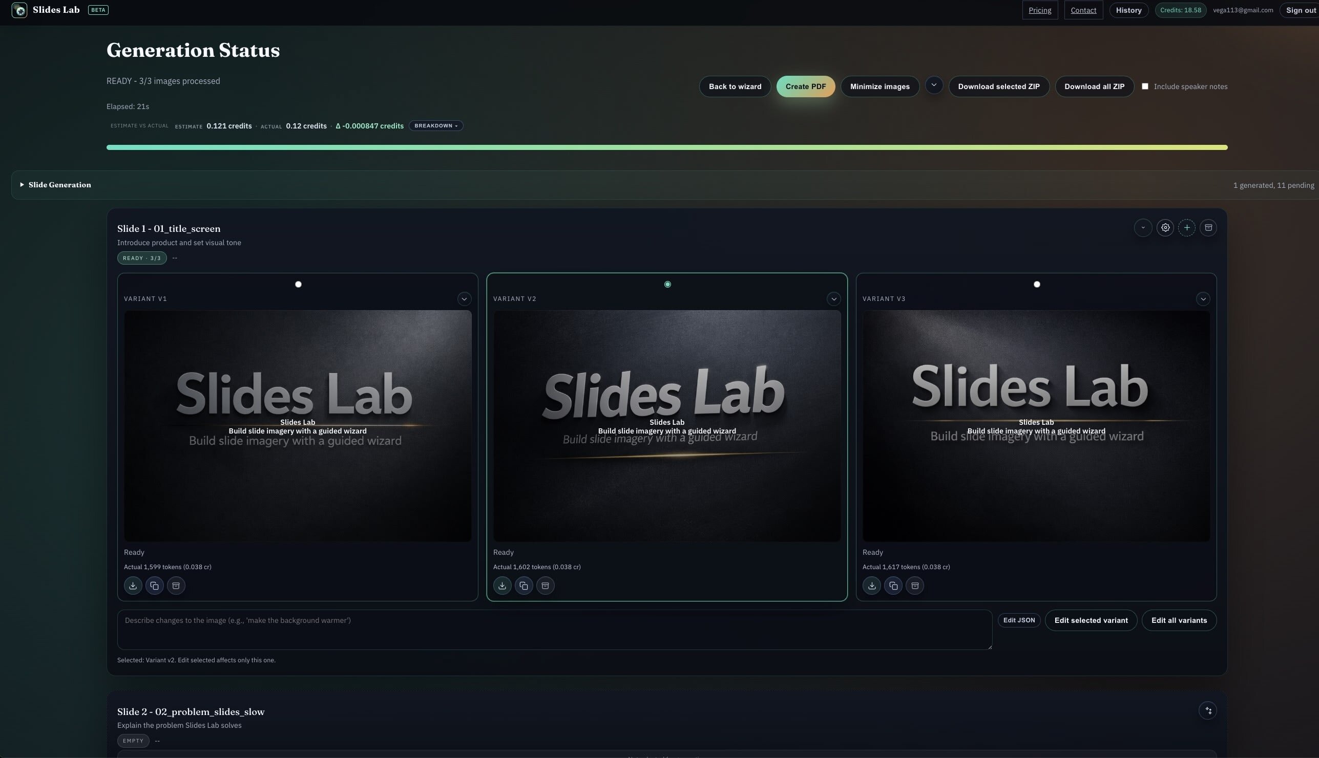 SlidesLab generation status screen showing multiple image variants and export actions.