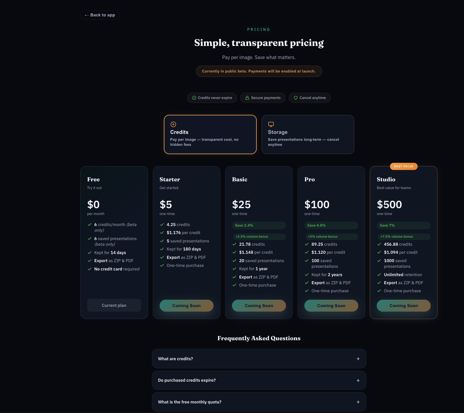 SlidesLab pricing page with transparent credit-based plans in public beta.